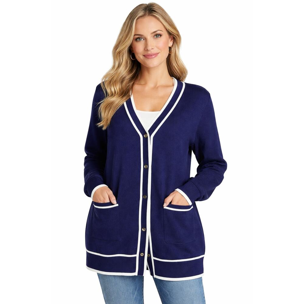 MEROKEETY Navy Cardigan White Trim Button Front V-Neck Preppy Sweater Womens L